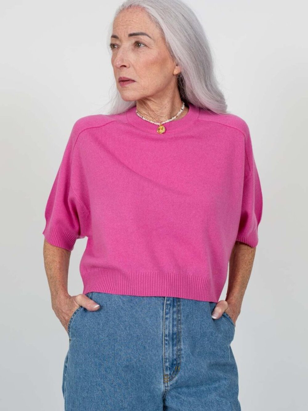 LOULOU STUDIO Pink Cropped Short Sleeve Sweater Size M